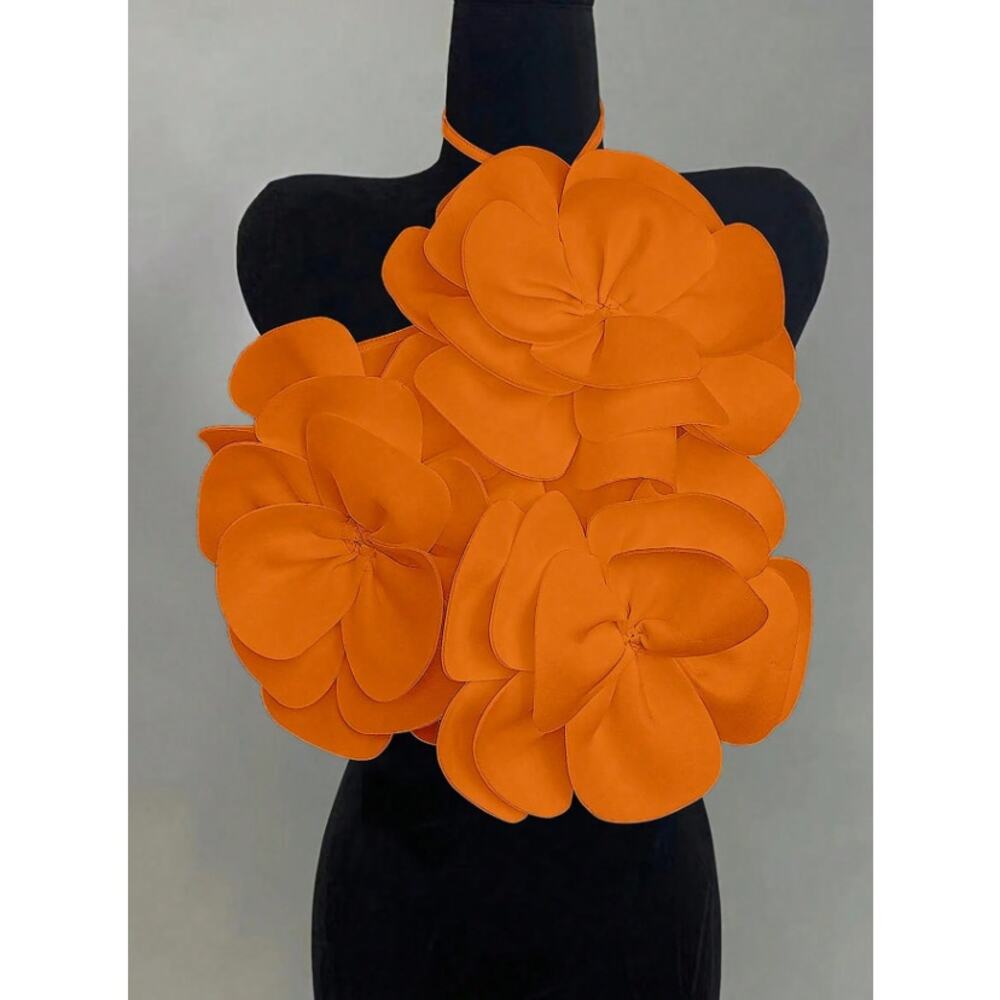 Bright Orange Petal Fusion Halter Top – Voluminous 3D Bloom Silhouette, Size S